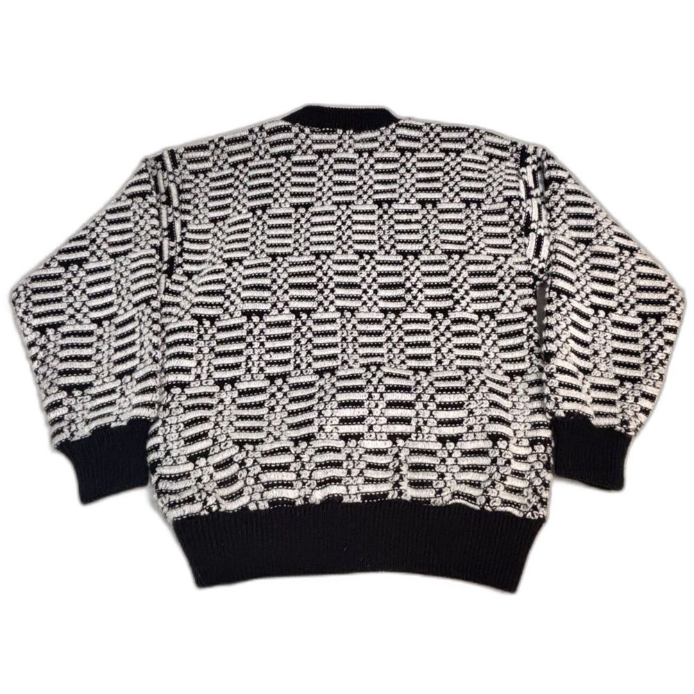 Vintage 90s 3D Knit Sweater Mens M Black White Geometric Champion Patch Grandpa - Picture 2 of 9